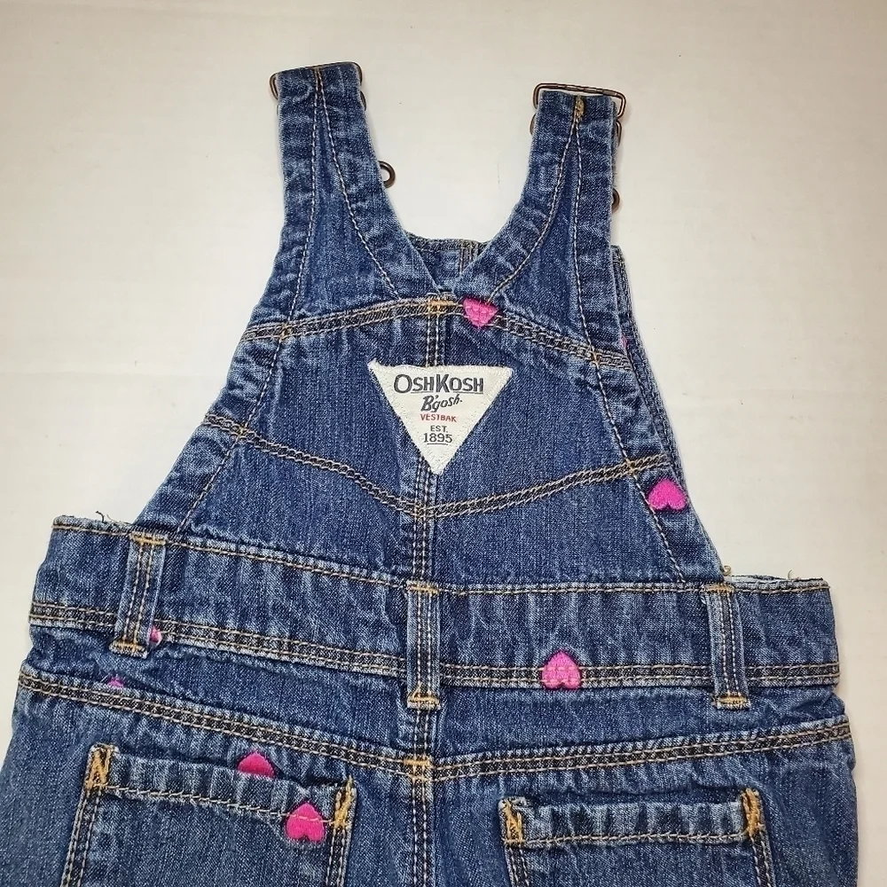 OshKosh B'Gosh Denim Overalls Embroidered Hearts Blue Pink Size 6 M